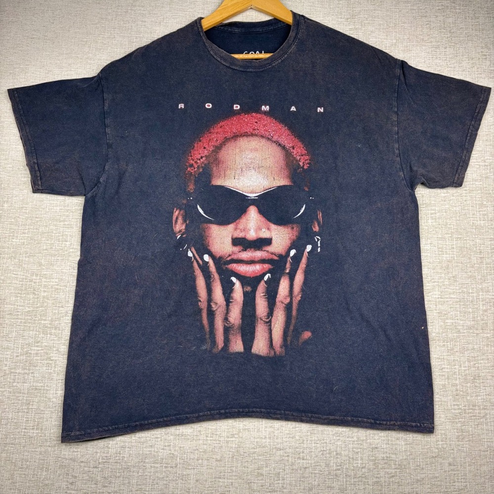 Goat Crew Dennis Rodman Graphic T-Shirt Black Mineral Wash Mens Large